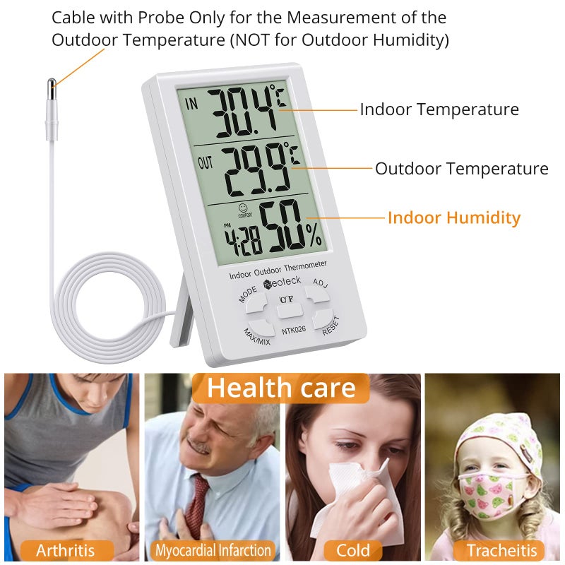 Neoteck 3 in 1 Thermometer Hygrometer with Clock Large LCD Display, Digital Humidity Temperature Meter 1.5m Sensor Wire for Indoor Outdoor Use - Image 4